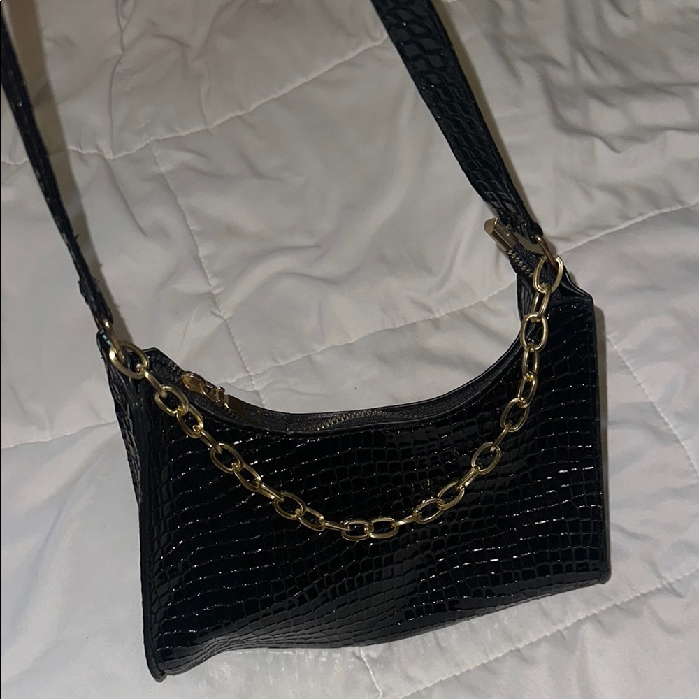 SHEIN Black and Gold Croc-Embossed Shoulder Bag